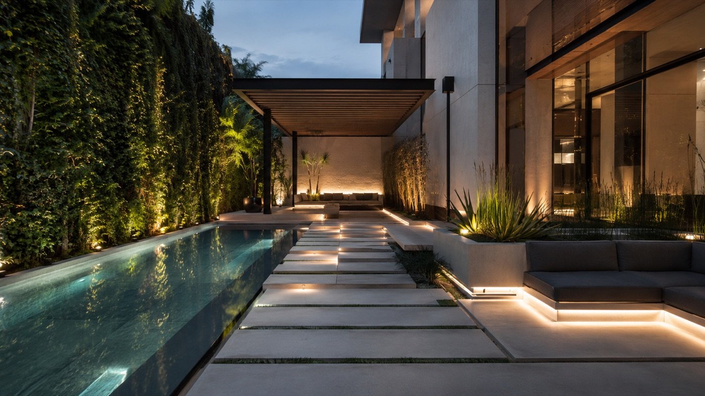 A lap pool with a floating stone path, living green wall and recessed lighting at twilight.